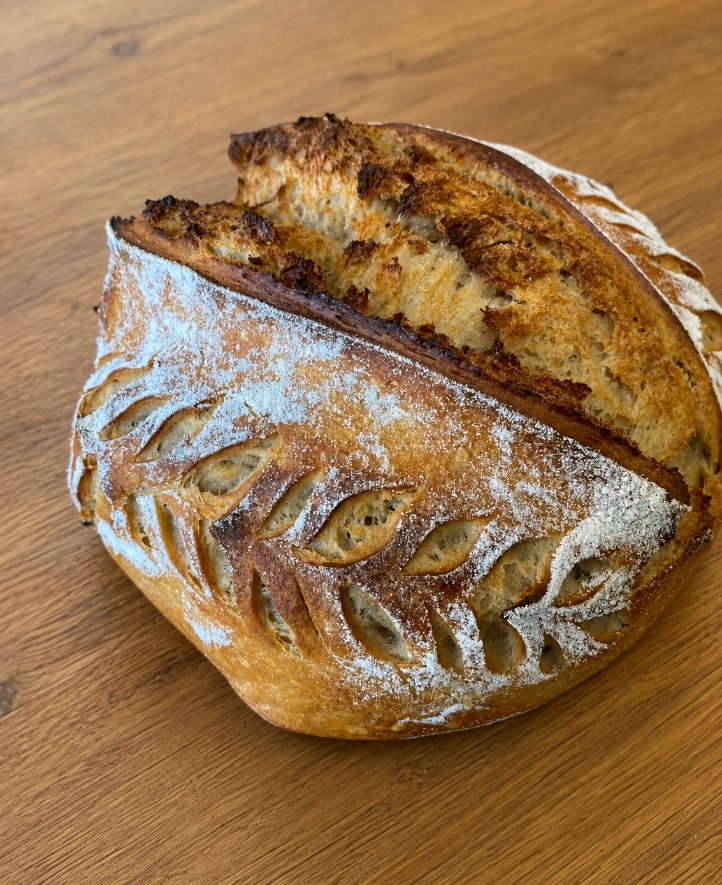 A round country loaf, scored, cooling on the bench
