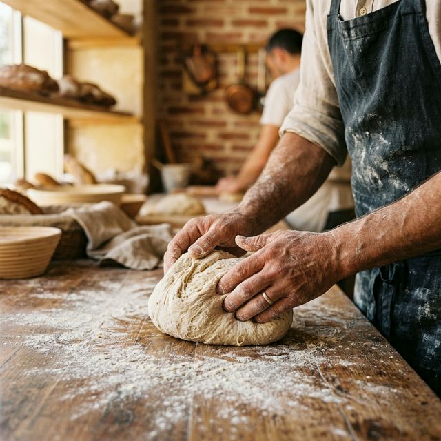 Baker shaping artisan bread dough
